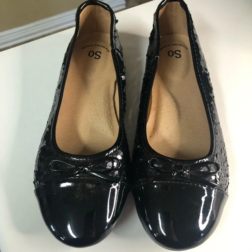 Black Sequin‎ Ballet Flats Patent Toe Bow Memory Foam Kids Size 4